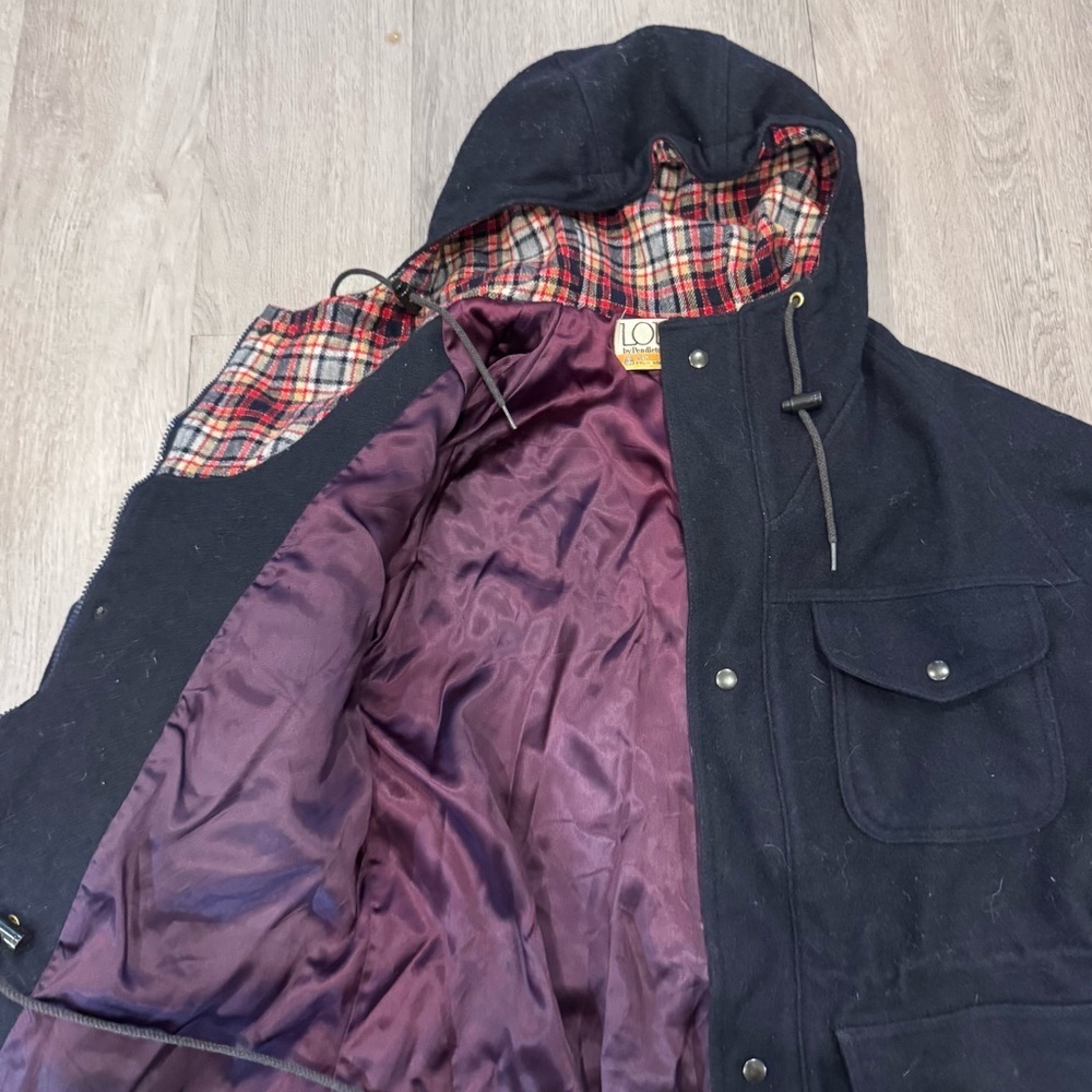 Vtg 70’s Lobo Pendleton Women’s Size 38 Hooded Navy Wool Coat With Plaid Lining - Picture 2 of 6